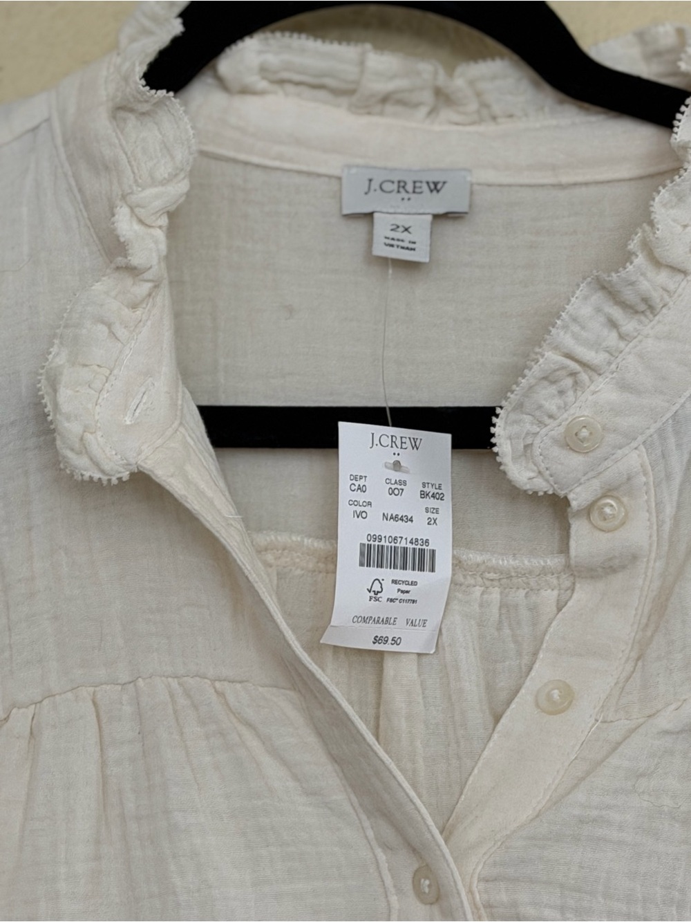 NWT | J.Crew | Gauze Smocked Ruffleneck Top Ivory - Size 2X - Picture 3 of 4